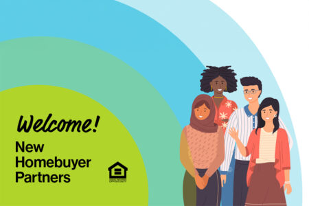 graphic image of diverse people with text next to them that says "Welcome! New Homebuyer Partners" accompanied by the equal housing opportunity logo