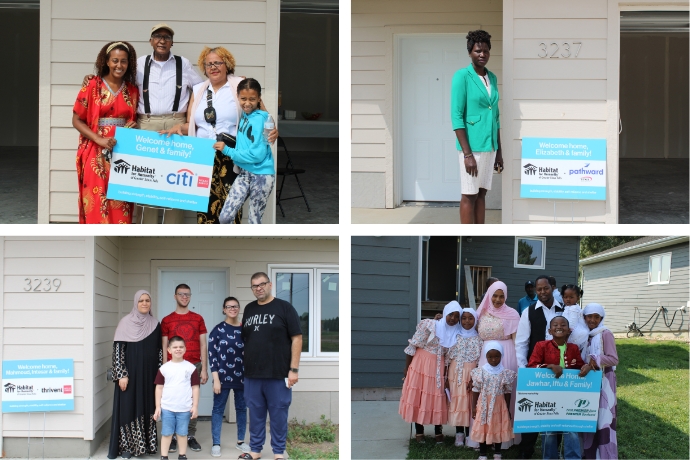 a photo collage of four new homeowners standing by "welcome home" signs with their families