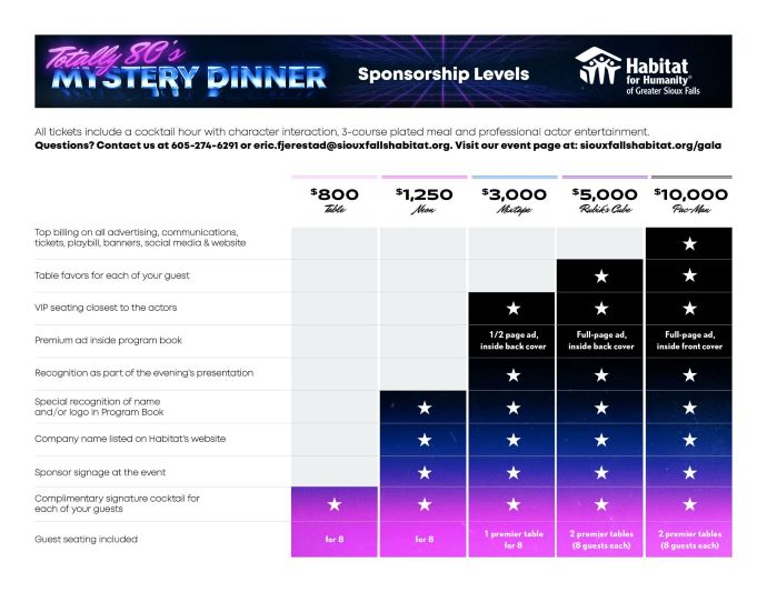 sponsorship levels for the totally 80's mystery dinner