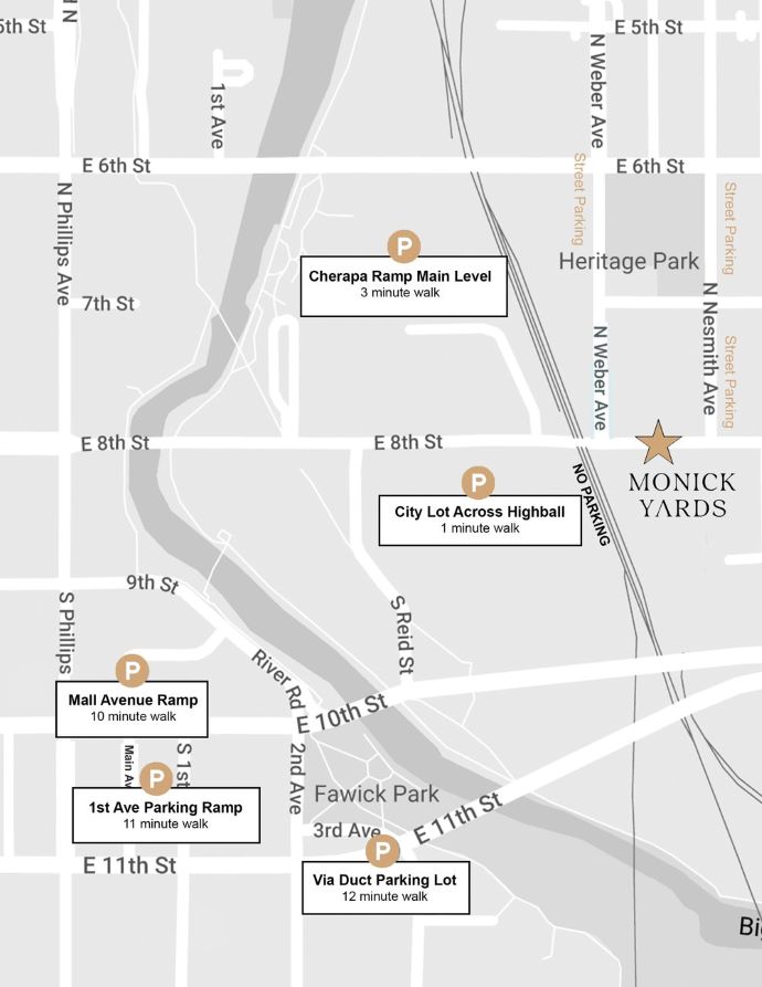 map of Monick Yards and suggested parking at the Cherapa ramp, city lot across from Highball, mall avenue ramp, 1st Ave. parking ramp and via duct parking lot