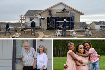 a collage of images: students building a home, an elderly couple and a woman with two small children