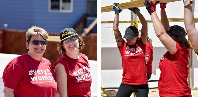 photo 1: two women smile while wearing women build t-shirtsphoto 2: a group of women wearing women build t-shirts lift a board over their heads