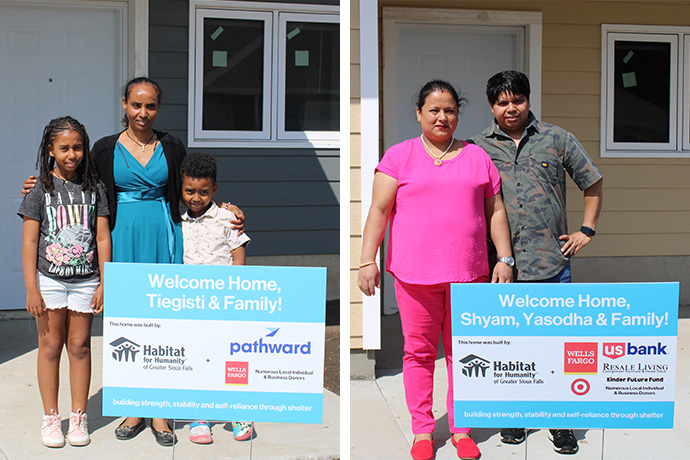 Left: New homeowner (Tiegisti) smiles with her two children in front of their new home.Right: New homeowners (Shyam and Yasodha) smile in front of their new home.