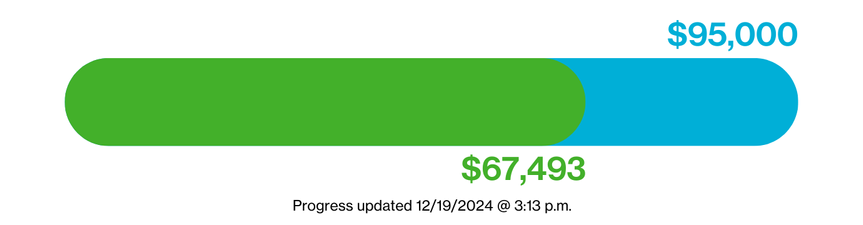 Progress bar for fundraising campaign. Progress updated 12/19/2024 @ 3:13 p.m. with $67,493 of $95,000 goal raised.