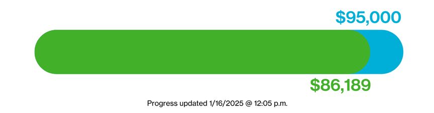 Progress bar for fundraising campaign. Progress updated 1/16/2025 @ 12:05 p.m. with $86,189 of $95,000 goal raised.