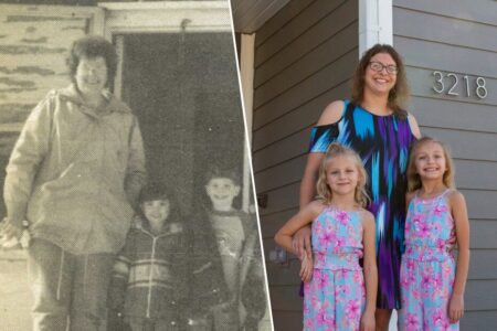 On the left: Linda, Habitat's first homebuyer, stands with her two children at their future home in 1991. On the right: Dalonda stands with her two daughters at the 200th home dedication in 2025.