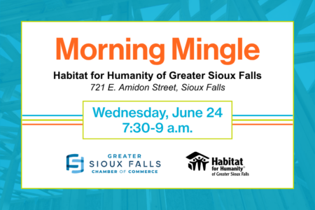 Invite graphic: "Morning Mingle" "Habitat for Humanity of Greater Sioux Falls" "721 E. Amidon Street, Sioux Falls" "Wednesday, June 24 7:30-9 a.m." Logos of Greater Sioux Falls Chamber of Commerce and Habitat for Humanity of Greater Sioux Falls