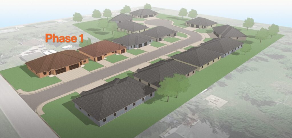 A rendering of Millard Acres with text that says "Phase 1". Two of the 13 twin homes are highlighted in orange.