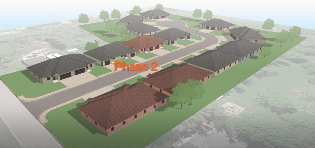 A rendering of Millard Acres with text that says "Phase 2". Three of the 13 twin homes are highlighted in orange.