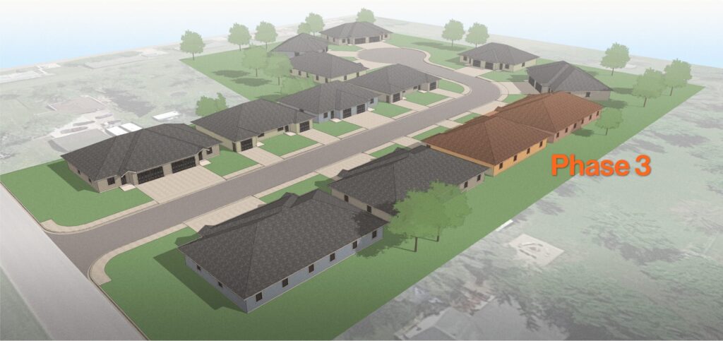 A rendering of Millard Acres with text that says "Phase 3". Two of the 13 twin homes are highlighted in orange.