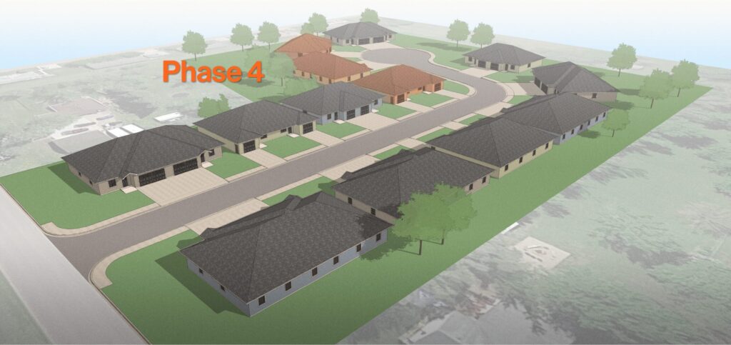 A rendering of Millard Acres with text that says "Phase 4". Three of the 13 twin homes are highlighted in orange.