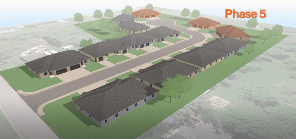 A rendering of Millard Acres with text that says "Phase 5". Three of the 13 twin homes are highlighted in orange.