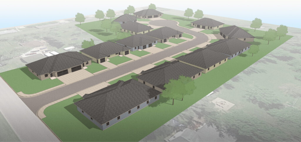 A rendering of Millard Acres, featuring 13 twin homes around a cul-de-sac in various colors, roof styles and driveway configurations.