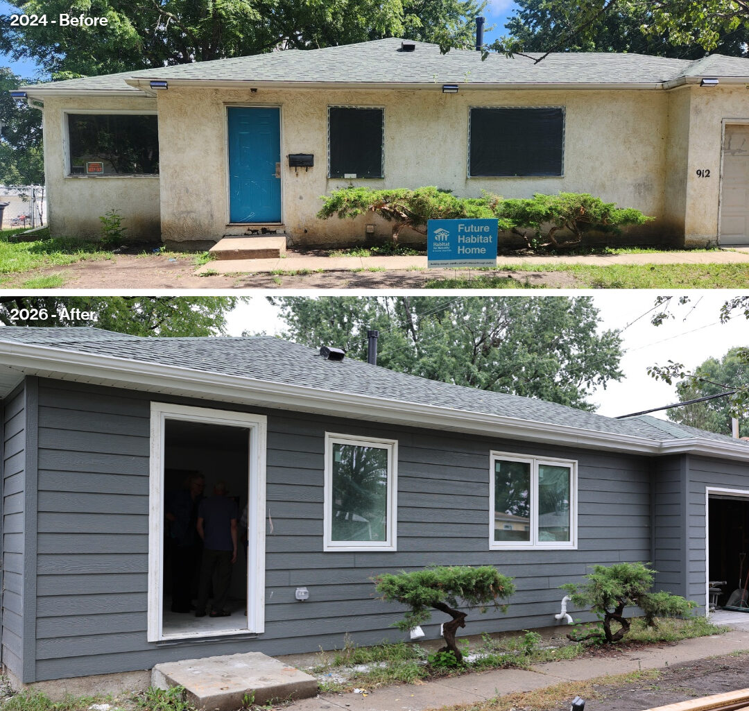 Habitat's Edward rehab home before and after photos: The first photo is from 2024 and shows a run-down home with dirty stucco exterior, scuffed up door and blackened windows. The second photo is from 2026 showing the home with new gray siding, white trim and new windows.