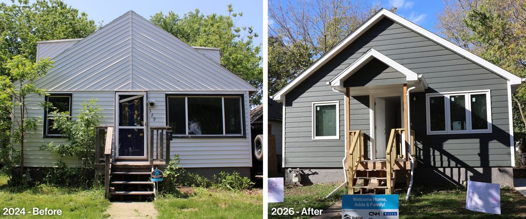 Habitat's Nesmith rehab home before and after photos: The first photo is from 2024 and shows a run-down home with white siding and a broken door. The second photo is from 2026 showing a home with new gray siding, white trim, new windows and a new front porch and stairs.
