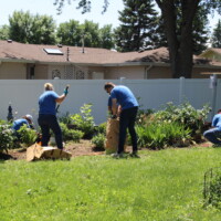 We did a lot of yard cleanup and landscaping on our first day! Volunteers pull weeds and clean up a homeowner's flower garden.